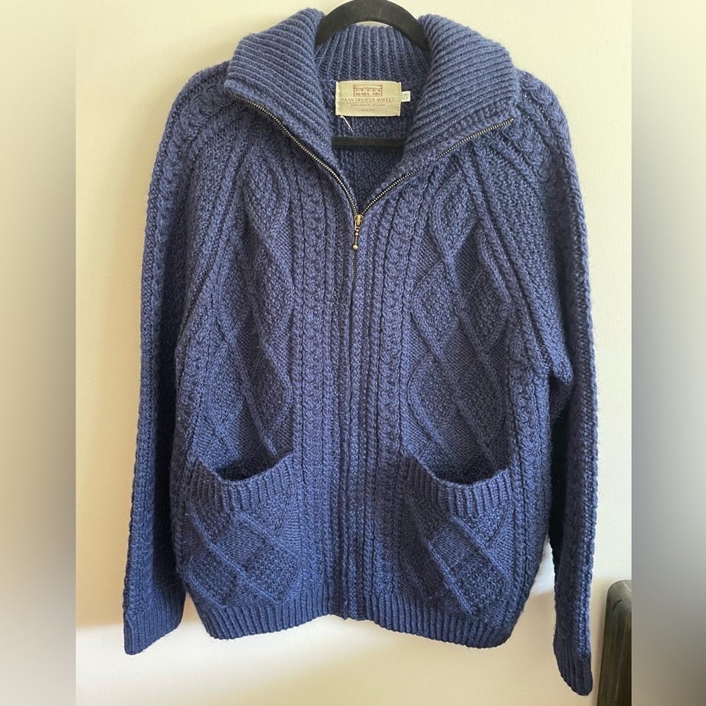 ARAN SWEATER MARKET- Hand Knit Zipper Cardigan with Pockets, blue, size small
